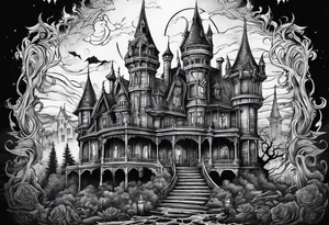 Scary rotting haunted castle portrait tattoo idea