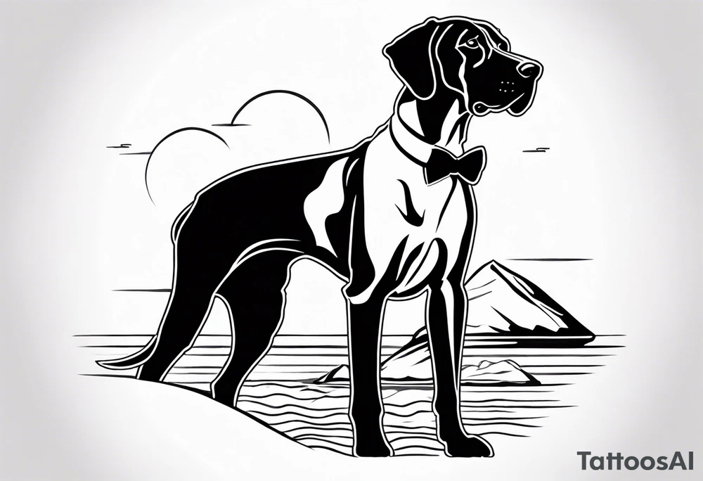 Arm sleeve with Great Dane (Full Tuxedo Color and floppy ears) standing proudly chest up on a rock in front of a body of water tattoo idea