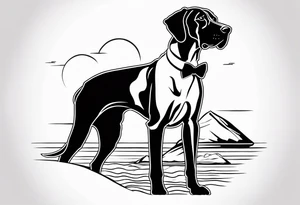 Arm sleeve with Great Dane (Full Tuxedo Color and floppy ears) standing proudly chest up on a rock in front of a body of water tattoo idea