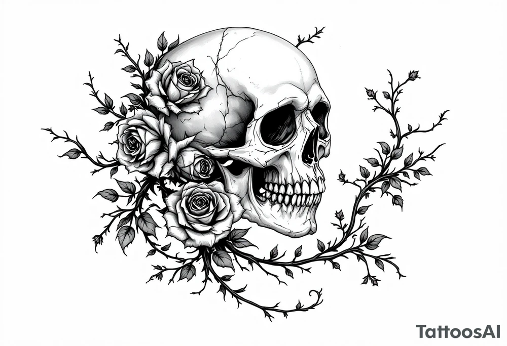 gothic skull intertwined with climbing roses and thorny vines tattoo idea