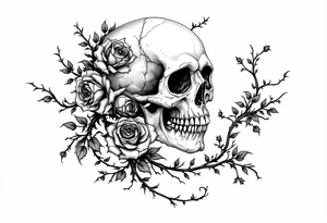 gothic skull intertwined with climbing roses and thorny vines tattoo idea