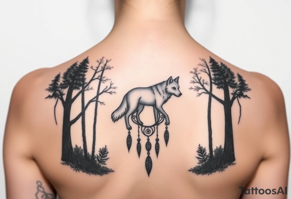 A wolf running through the woods, with dreamcatcher rings tattoo idea