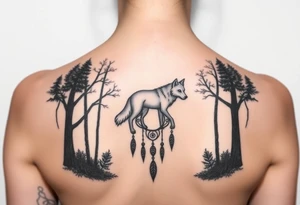 A wolf running through the woods, with dreamcatcher rings tattoo idea