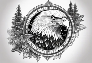Bald eagle head with forest scenery and compass tattoo idea