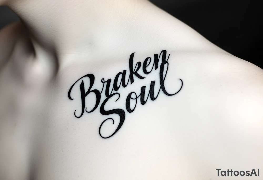 Broken Soul in calligraphy handwriting writing on the side of breast for a woman tattoo idea