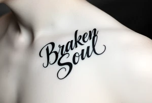 Broken Soul in calligraphy handwriting writing on the side of breast for a woman tattoo idea