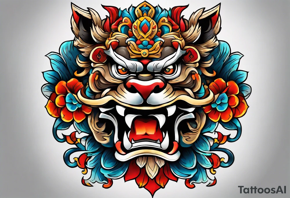 Two Traditional full body, Okinawa shisa on either side of chest pectoral. Orginal color tattoo idea