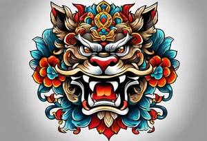 Two Traditional full body, Okinawa shisa on either side of chest pectoral. Orginal color tattoo idea