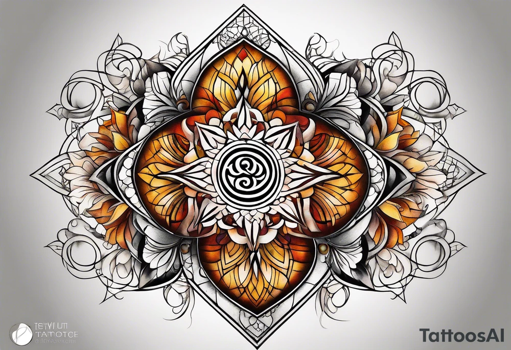 front knee tattoo with sacred geometry, swirls & washes, background and in fall colors tattoo idea