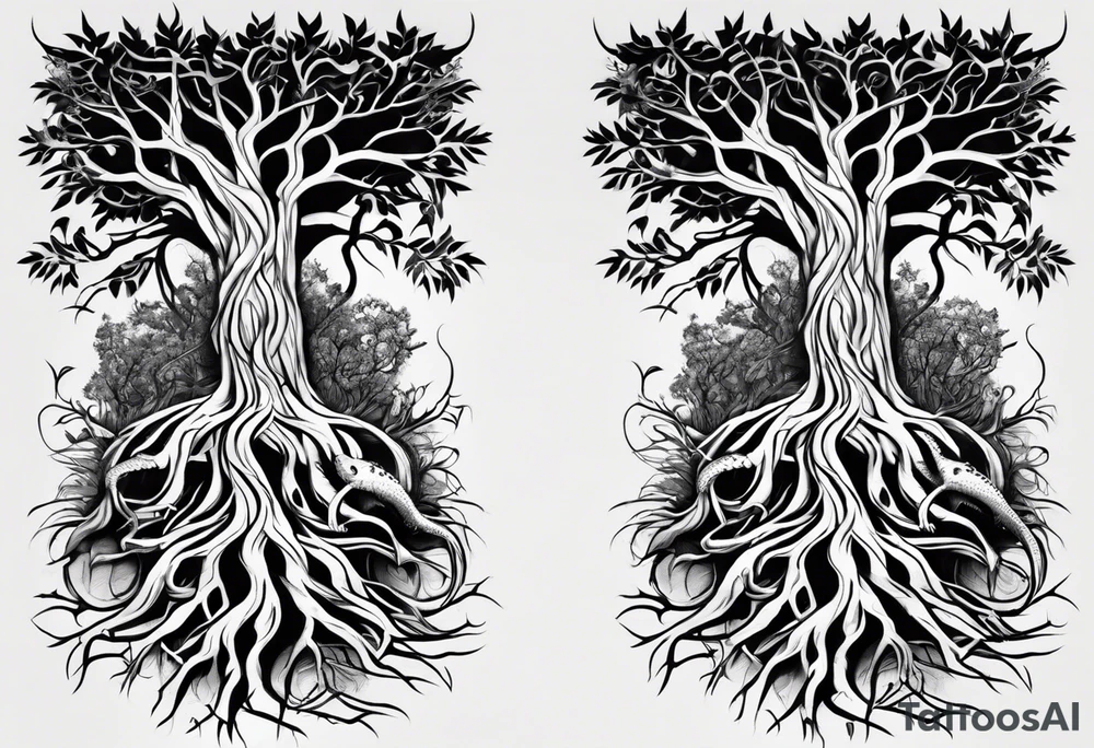 Tattoo around the forearm in the form of intertwined tree roots and two lizards hiding in the roots tattoo idea