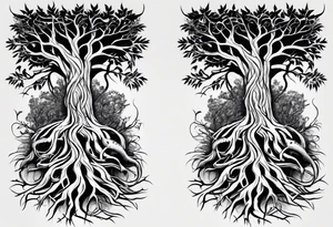 Tattoo around the forearm in the form of intertwined tree roots and two lizards hiding in the roots tattoo idea