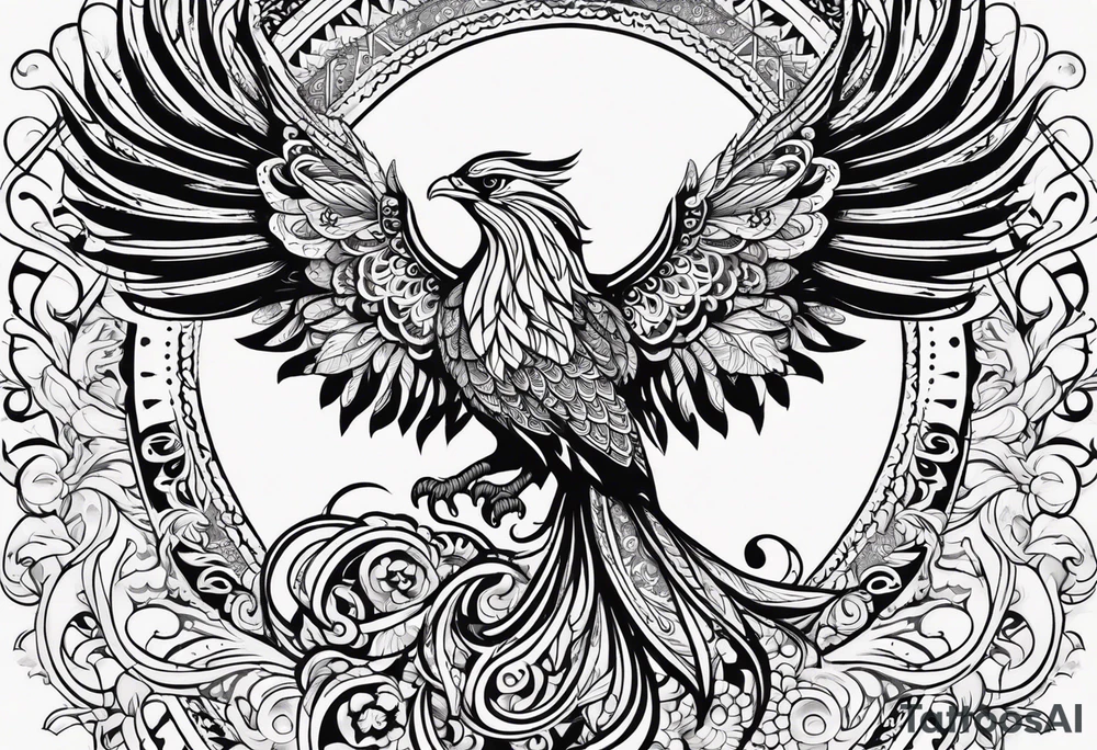 Tribal bohemian feminine impowering Phoenix rising with smoke, mandala sun, floral, lace background tattoo idea