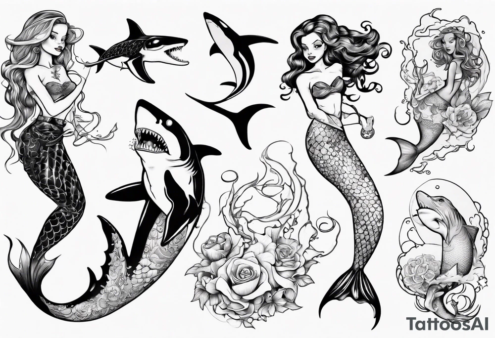 Mermaid entangled with shark tattoo idea