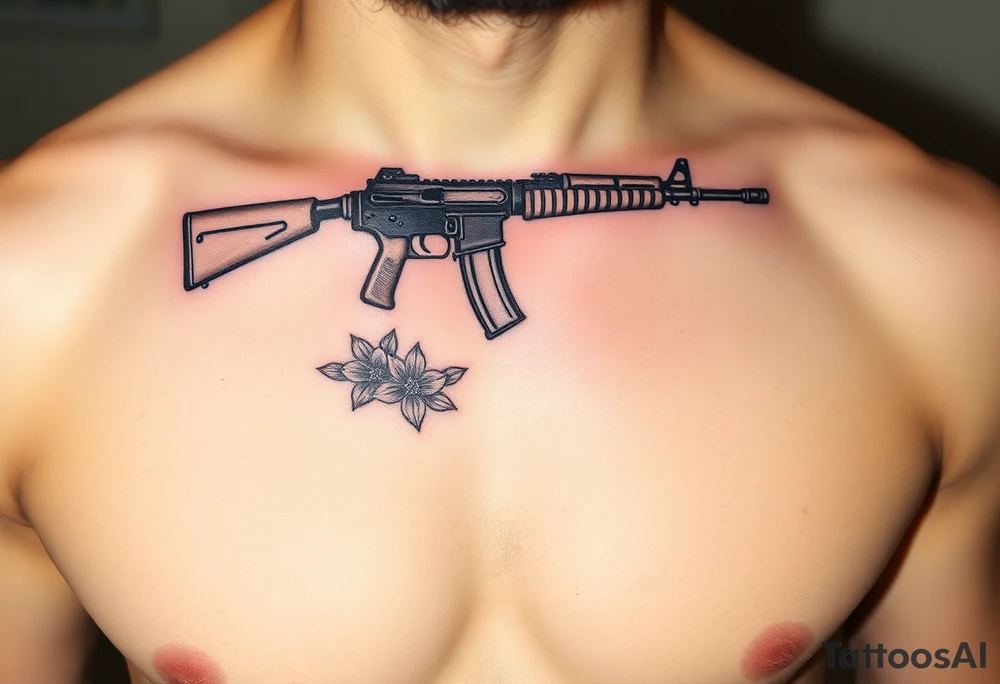 ak 47 black silhouette with floreal details tattoo idea