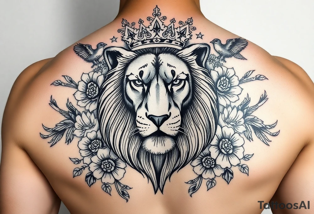 powerful majestic lion with a crown, surrounded by floral ornaments and birds tattoo idea