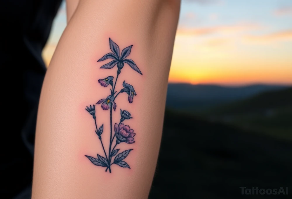 cutleaf coneflower, blue flag iris, bee balm, obedient plant, purple coneflower on a hill with a sunset tattoo idea