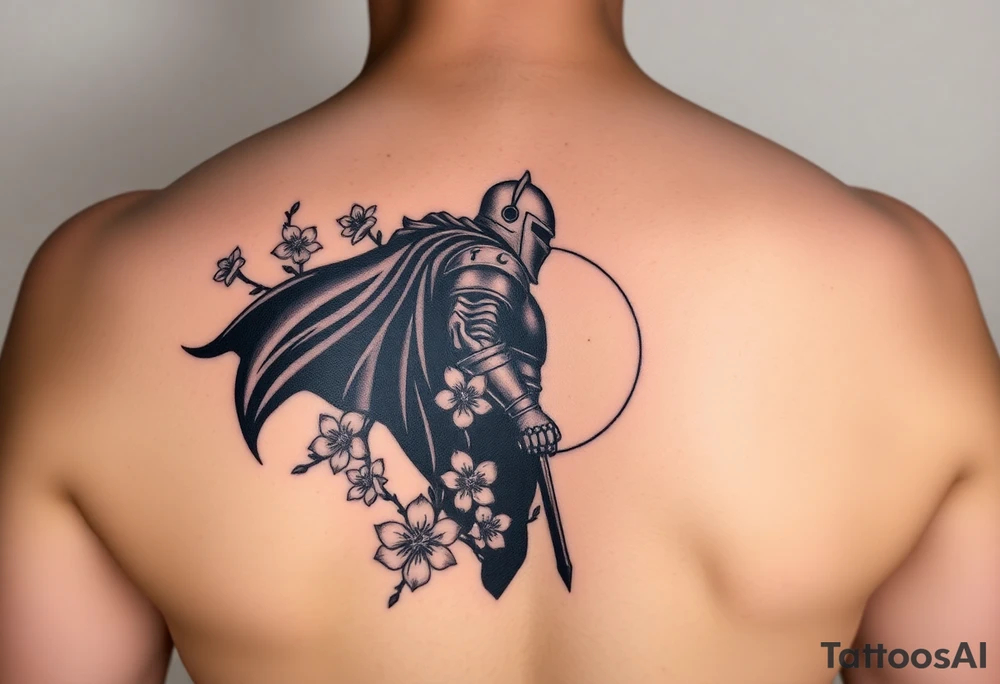 noble knight silhouette at sunset with cherry blossoms tattoo idea