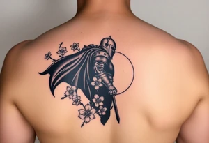 noble knight silhouette at sunset with cherry blossoms tattoo idea