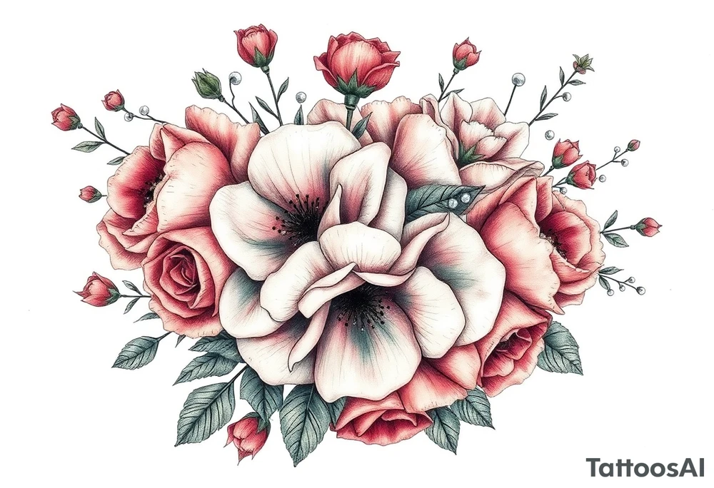 vintage bouquet of wild roses and meadow flowers with morning dew tattoo idea