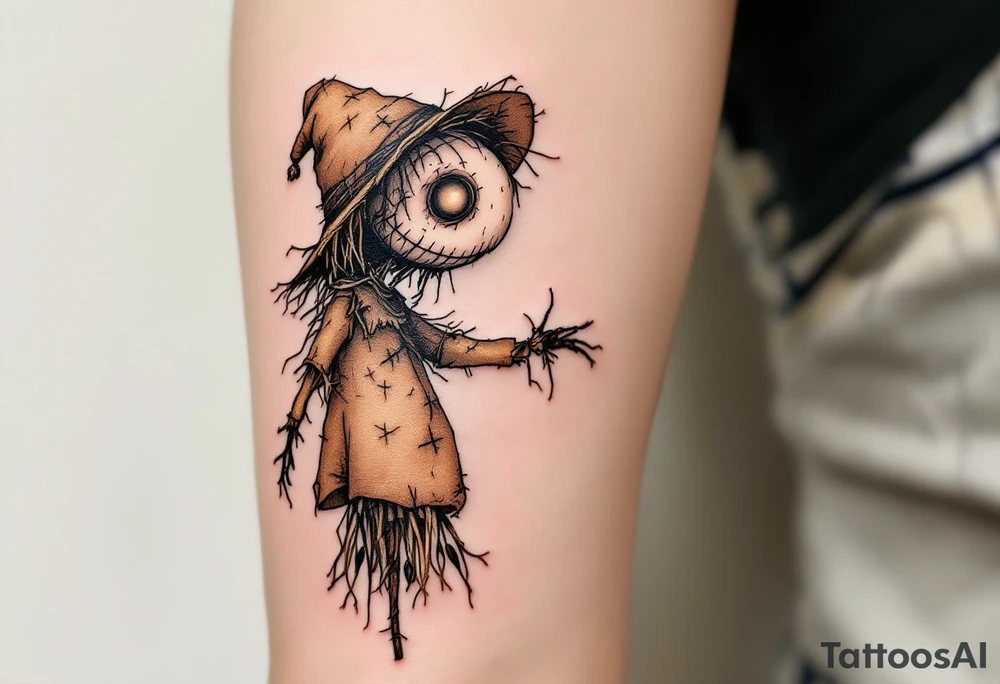 Tim Burton’s eyeless scarecrow sways under a pale gray sky, stitched in burlap brown and bound in crooked wire. tattoo idea