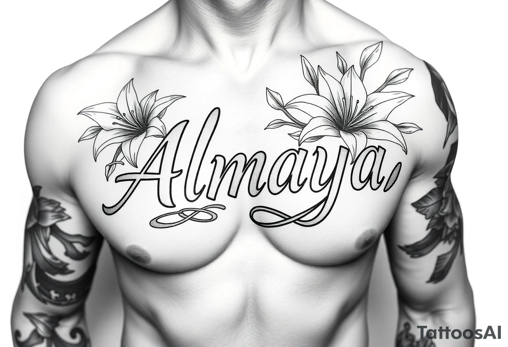 The name Almaya surrounded by Lilies. I want this on rib cage tattoo idea