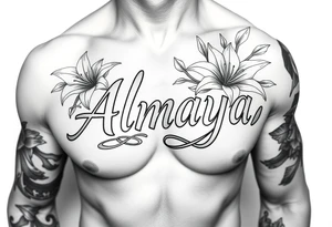 The name Almaya surrounded by Lilies. I want this on rib cage tattoo idea