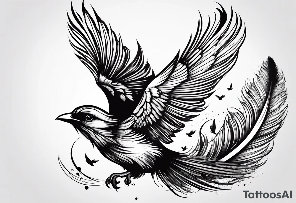feather with birds flying out with one red bird tattoo idea