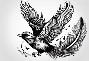 feather with birds flying out with one red bird tattoo idea
