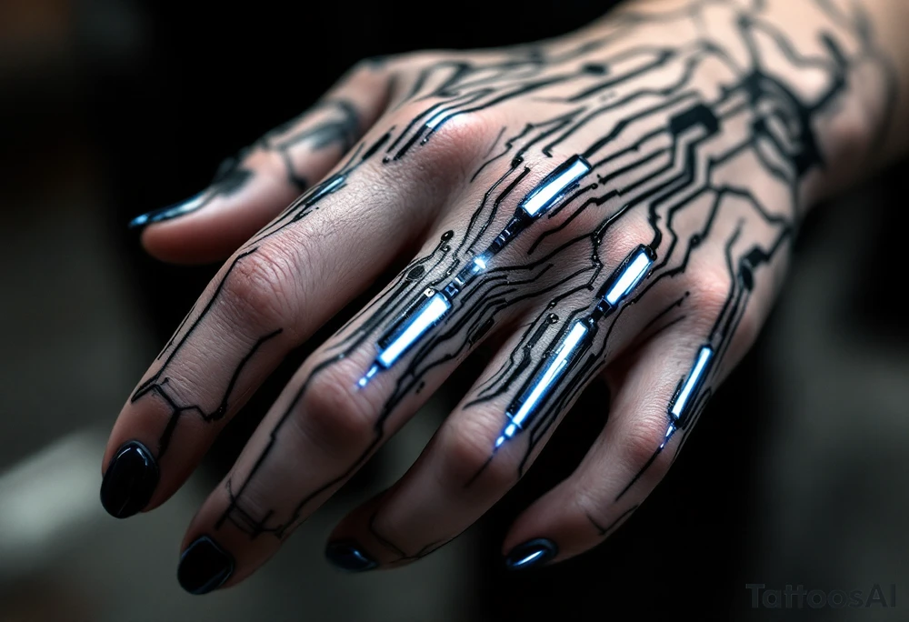 A futuristic chrome hand design with sapphire-blue lines tracing each finger like circuits. tattoo idea