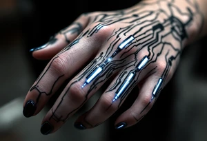 A futuristic chrome hand design with sapphire-blue lines tracing each finger like circuits. tattoo idea