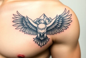 majestic eagle spreading wings against mountain peaks tattoo idea