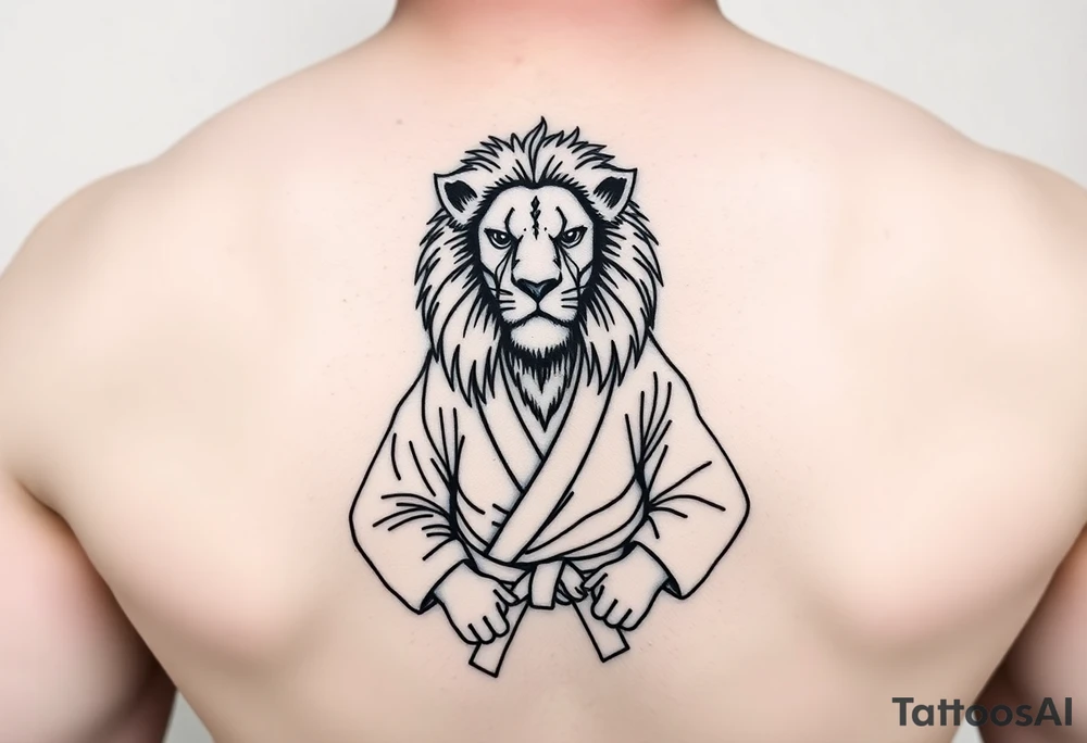 Lion wearing a Brazilian jiu jitsu gi as a person would along side his two sons. The surrounding area is the sarenghetti tattoo idea