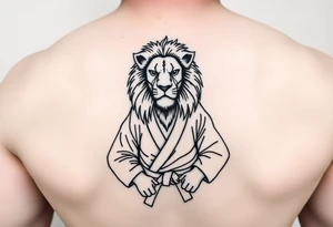Lion wearing a Brazilian jiu jitsu gi as a person would along side his two sons. The surrounding area is the sarenghetti tattoo idea