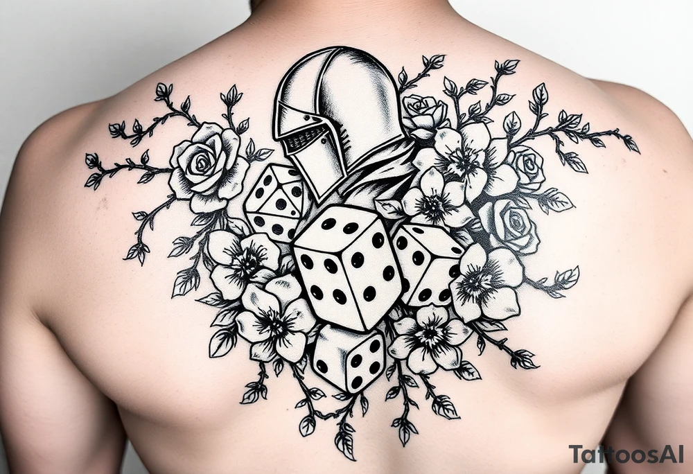 gothic knight intertwined with climbing roses and thorny vines with cherry blossoms rolling dice tattoo idea