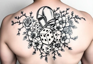 gothic knight intertwined with climbing roses and thorny vines with cherry blossoms rolling dice tattoo idea