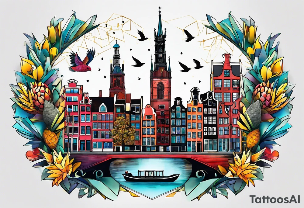 animals made of glass in Amsterdam featuring Amsterdam buildings and canal in galaxy colours featuring pineapples and birds tattoo idea