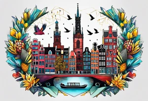 animals made of glass in Amsterdam featuring Amsterdam buildings and canal in galaxy colours featuring pineapples and birds tattoo idea
