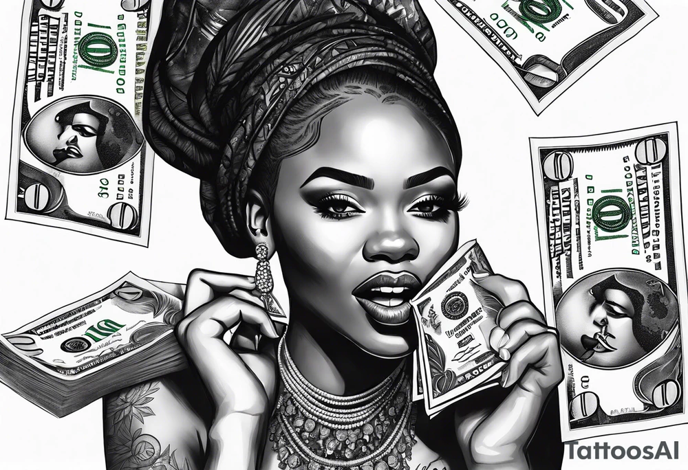 african woman biting money tattoo idea