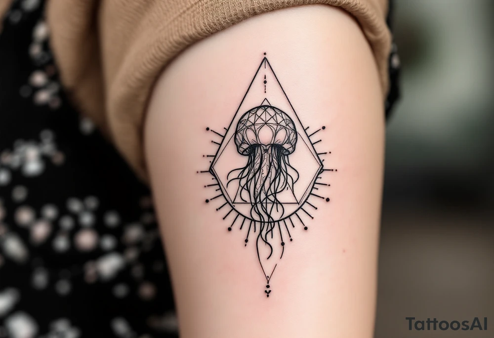 small, minimal fine-line tattoo, single jellyfish, sacred geometry surround, dotwork patterns, jellyfish bell dome, flowing tentacles, trailing streamers, geometric mandala, radiating dotwork, minimalist design, black grey lines, soft shading, no outlines, geometric frame, organic jellyfish form, upper arm shoulder placement, light airy feel, delicate linework, geometric backdrop, clean lines, radiating patterns, simple jellyfish centerpiece, minimalist, psychedelic, asymmetrical tattoo idea
