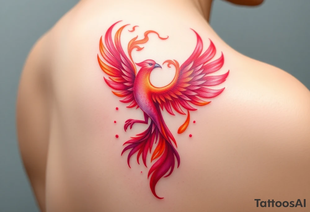 Square, phoenix rising from fire, colors red, pink, orange and purple. tattoo idea