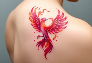 Square, phoenix rising from fire, colors red, pink, orange and purple. tattoo idea