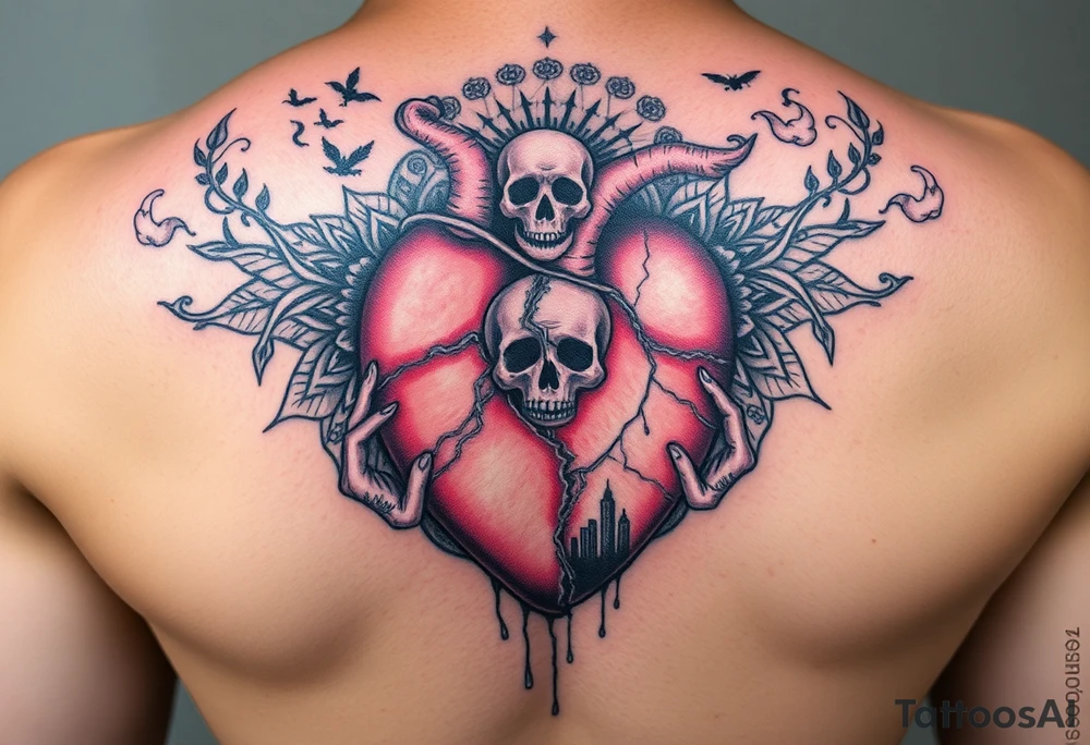 A heart that's half broken holding on by a thread and cracked with mandala art around it a city behind it 3 baby hands smoke and demons a skull floating showing it's a single mom just trying to get by tattoo idea