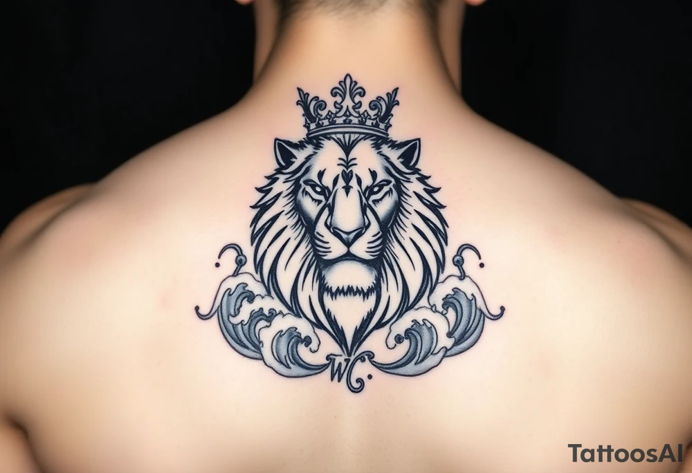 powerful majestic lion with a crown, surrounded by WAVES tattoo idea