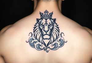 powerful majestic lion with a crown, surrounded by WAVES tattoo idea