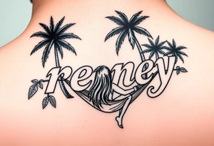 The name reney surrounded by tropical scenery with palm trees and a girl with long hair in a hammock tattoo idea