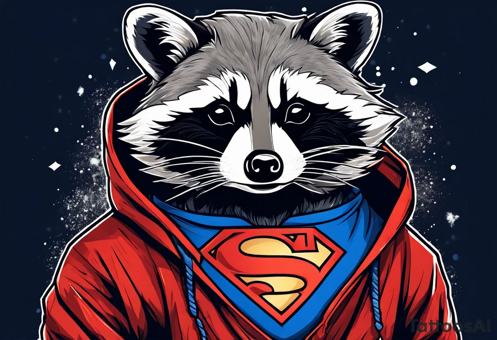 raccoon wearing a Superman hoodie tattoo idea
