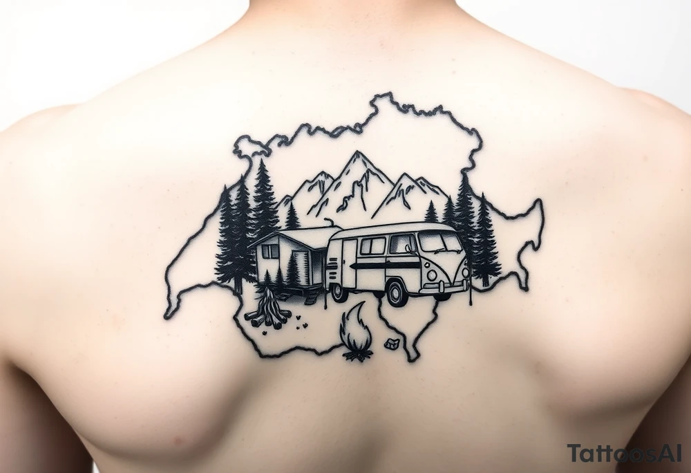Simplistic, black and white tattoo, the whole tattoo must be completely inside the contour of the Switzerland map. A little camping tent on a side, a VW Caddy on the side, a little fire, in the woods, surrounded by alps and a couple pine trees. Arm tattoo tattoo idea