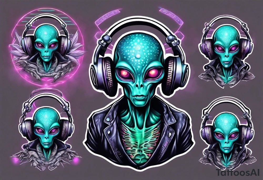 An alien DJ with a glowing pineal gland tattoo idea