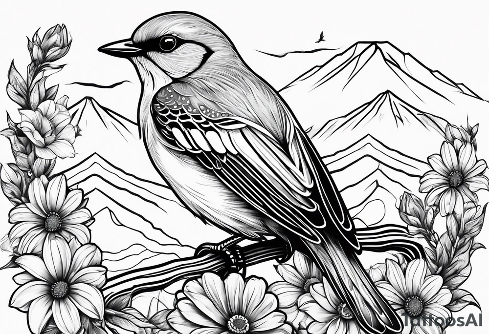 Small blue bird in forefront of Mountain View with daisy flower tattoo idea Small blue bird in forefront of Mountain View with daisy flower tattoo idea