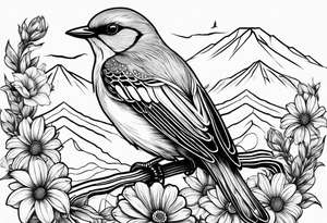 Small blue bird in forefront of Mountain View with daisy flower tattoo idea